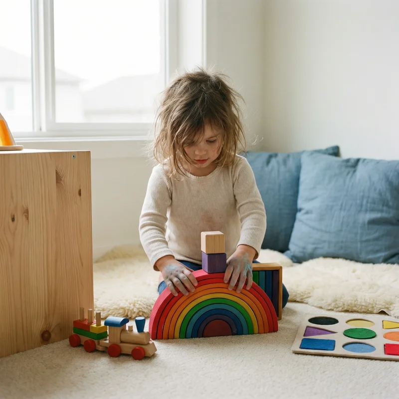 Enfant qui construit un arc-en-ciel en bois