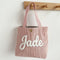Petit sac cabas enfant rose en velours côtelé, prénom Jade brodé en laine blanche