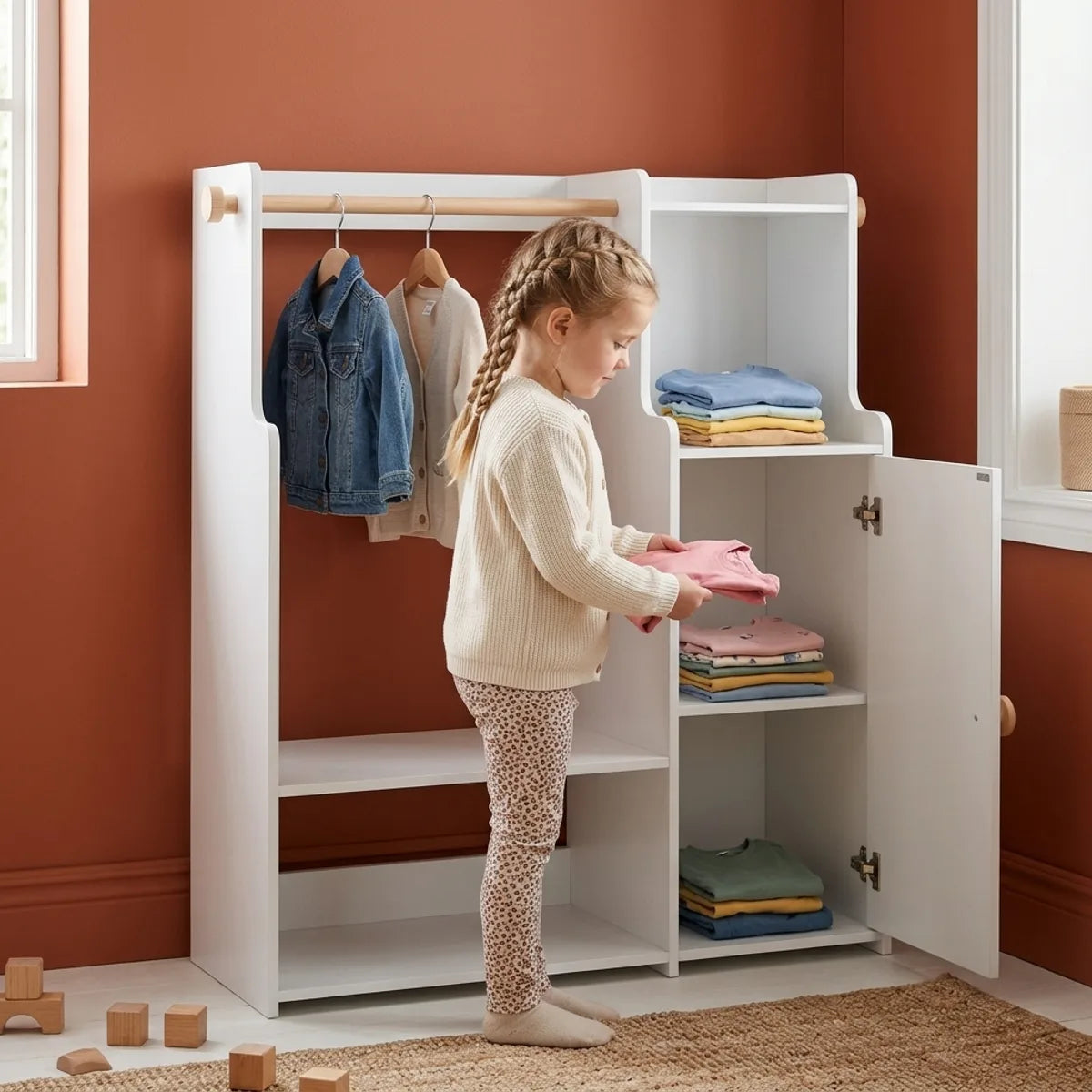 armoire-vestiaire-montessori-placard-ouvert-04 Armoire Vestiaire Montessori, Penderie Basse pour Enfant