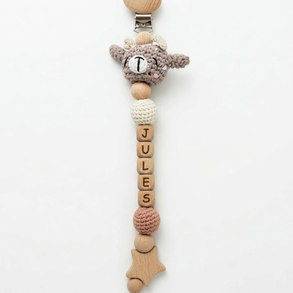 Attache tétine prénom personnalisée modèle élan, perles en bois gravées JULES