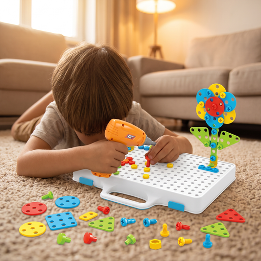 Enfant allongé sur un tapis vissant une fleur sur la mallette du jeu de construction bricolage Montessori