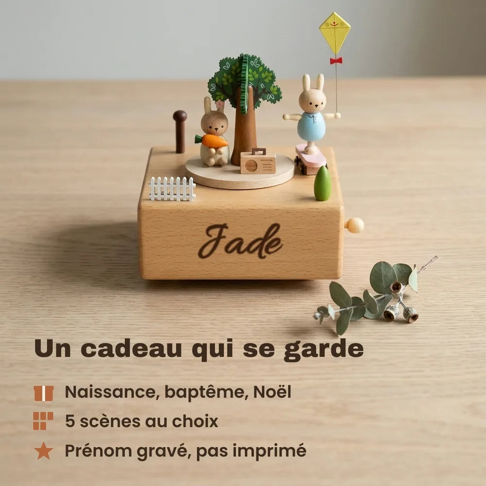 Boîte à musique lapin au cerf-volant gravée au prénom Jade, cadeau de naissance, baptême ou Noël, 5 scènes au choix