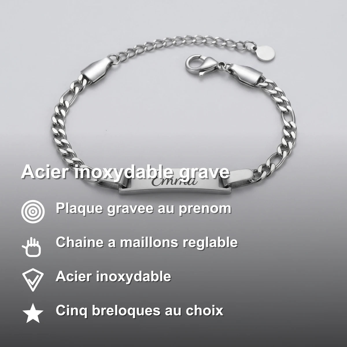 Bracelet bebe en acier inoxydable, plaque et reglage