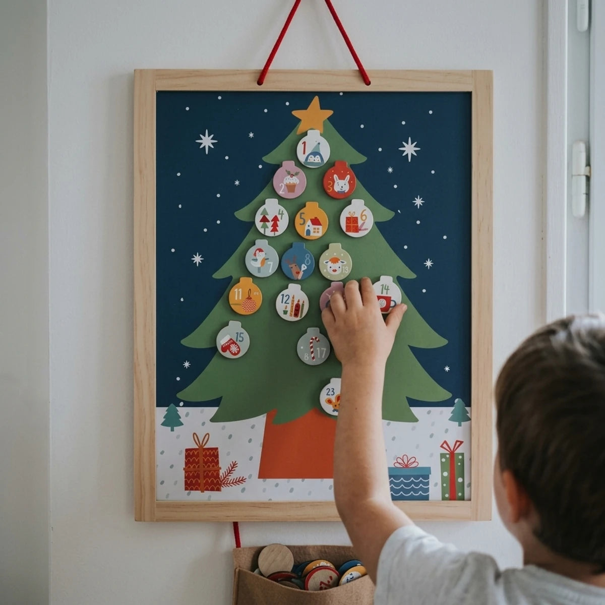 Calendrier de l'Avent en bois suspendu à un mur