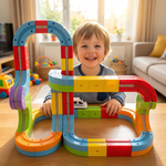 Un enfant souriant et fier, pointant du doigt son grand circuit de train spatial 3D Montessori coloré et terminé, posé sur une table.