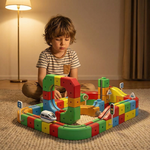 Un jeune enfant concentré, construisant un circuit de train spatial 3D Montessori vertical avec des blocs colorés dans un salon lumineux.