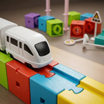 Gros plan sur un train blanc futuriste roulant sur les rails colorés du Circuit de Train Spatial 3D Montessori, montrant les détails des blocs et du mécanisme.