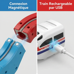 Image divisée montrant d'un côté la connexion magnétique entre deux blocs colorés du Circuit de Train Spatial 3D Montessori avec le texte "Connexion Magnétique", et de l'autre côté le train blanc branché avec un câble USB pour la recharge, avec le texte "Train Rechargeable par USB".