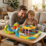 Un père et son fils riant ensemble en regardant le train futuriste naviguer sur le circuit de train spatial 3D Montessori qu'ils ont construit.
