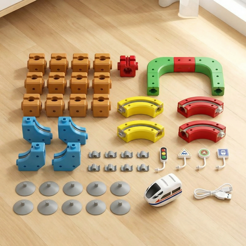 Vue d'ensemble du Circuit de Train Spatial 3D Montessori, avec les rails colorés et les trains blancs disposés sur un sol en bois clair.