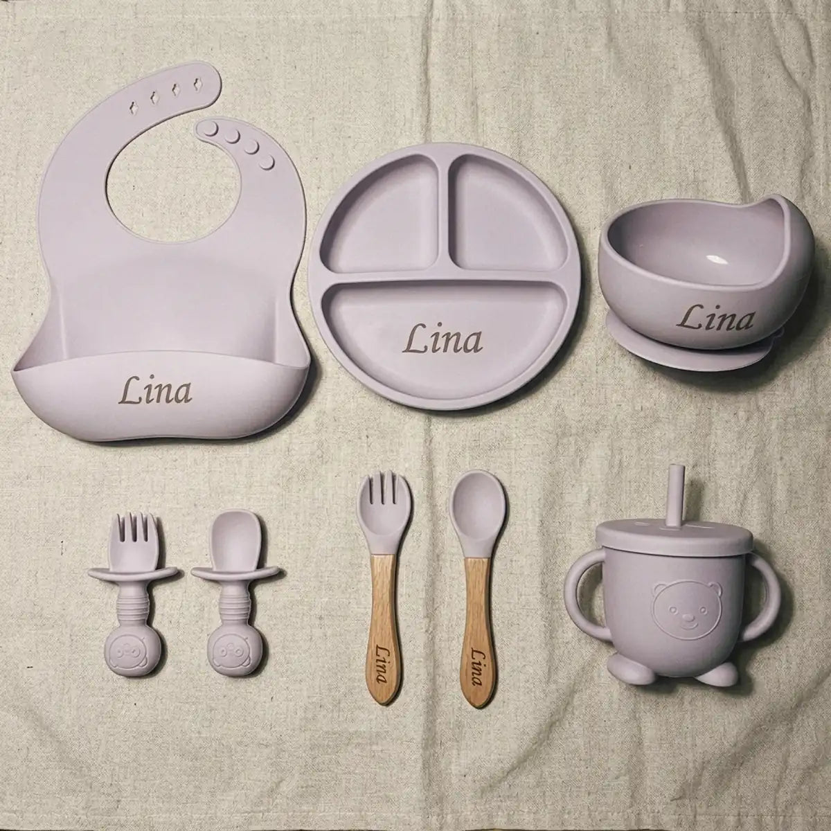 coffret-repas-silicone-personnalise-variante-violet-18 Coffret Repas Bébé Personnalisé au Prénom, 8 Pièces en Silicone