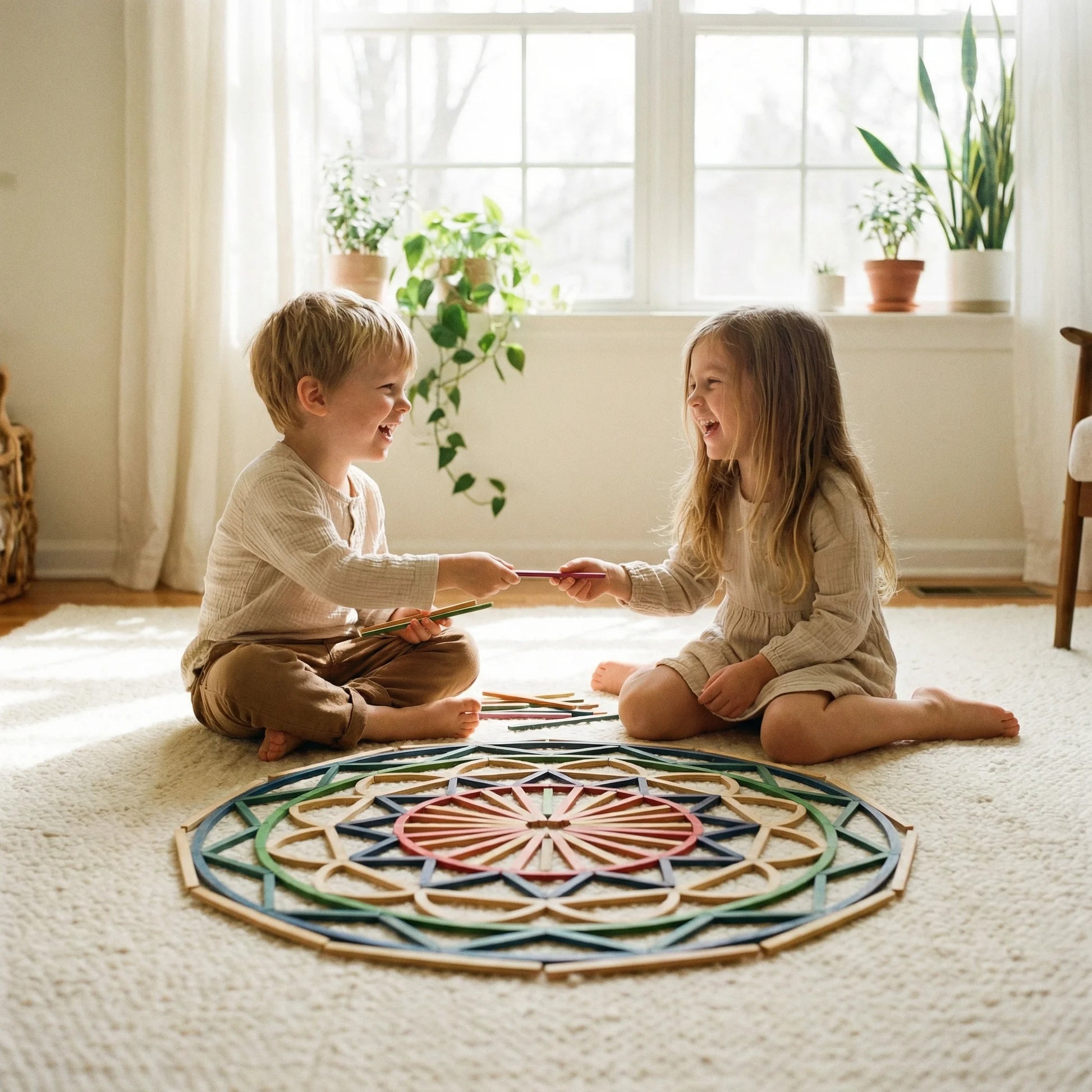 Bâtonnets Créatifs Montessori - Jeu de Construction en Bois avec 40 Modèles à Reproduire (120 Pièces)