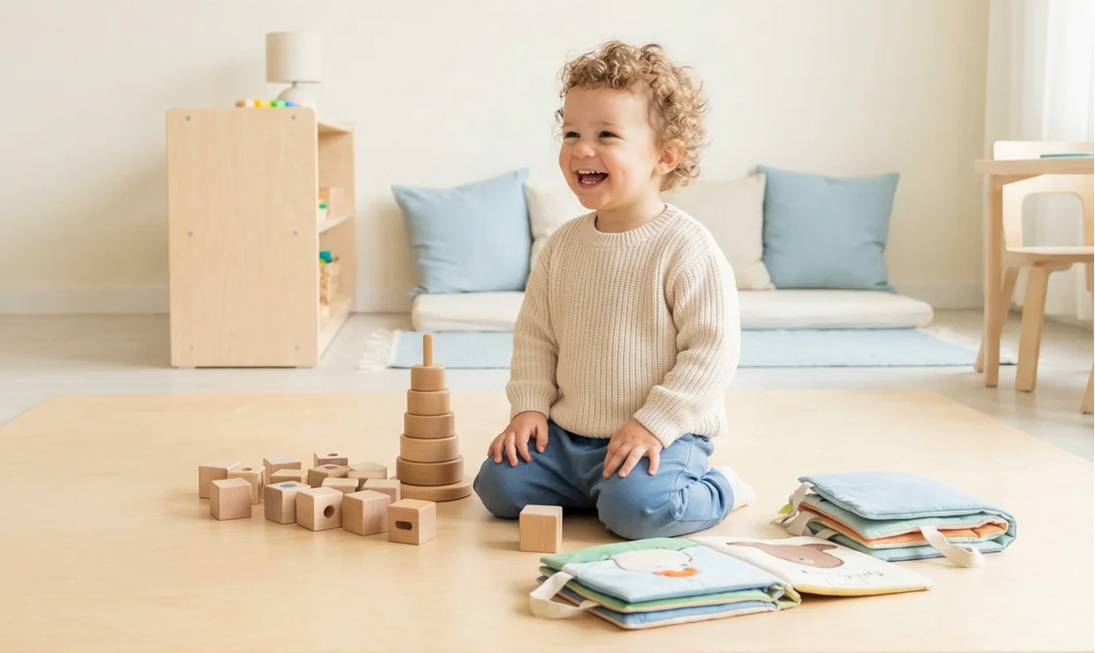 Enfant qui joue avec des jouets Montessori en bois