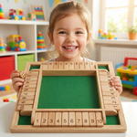Enfant souriant avec son jeu Montessori en bois