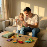 Moment de partage parent-enfant atelier couture dinosaures