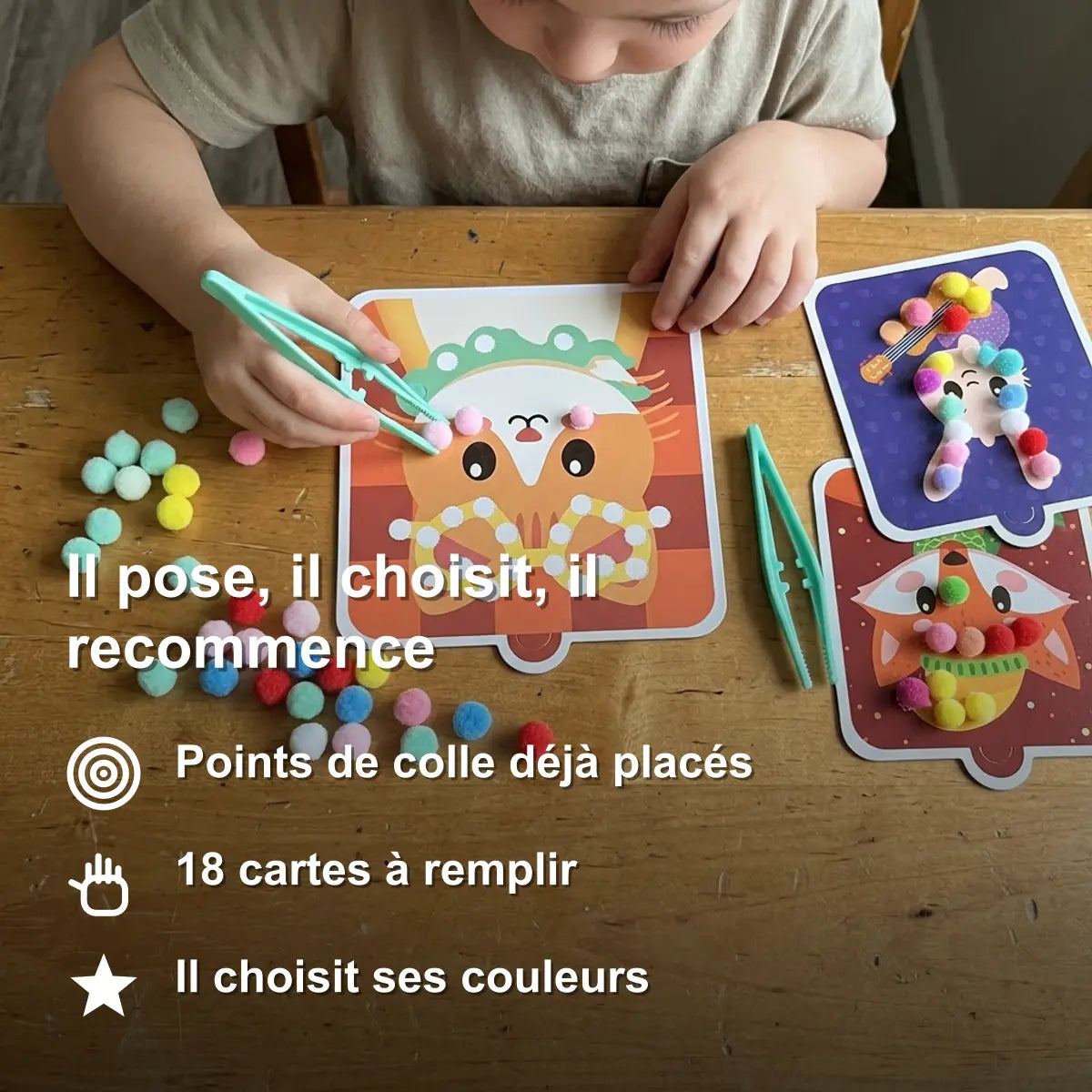 Kit pompons animaux, 18 cartes à points adhésifs