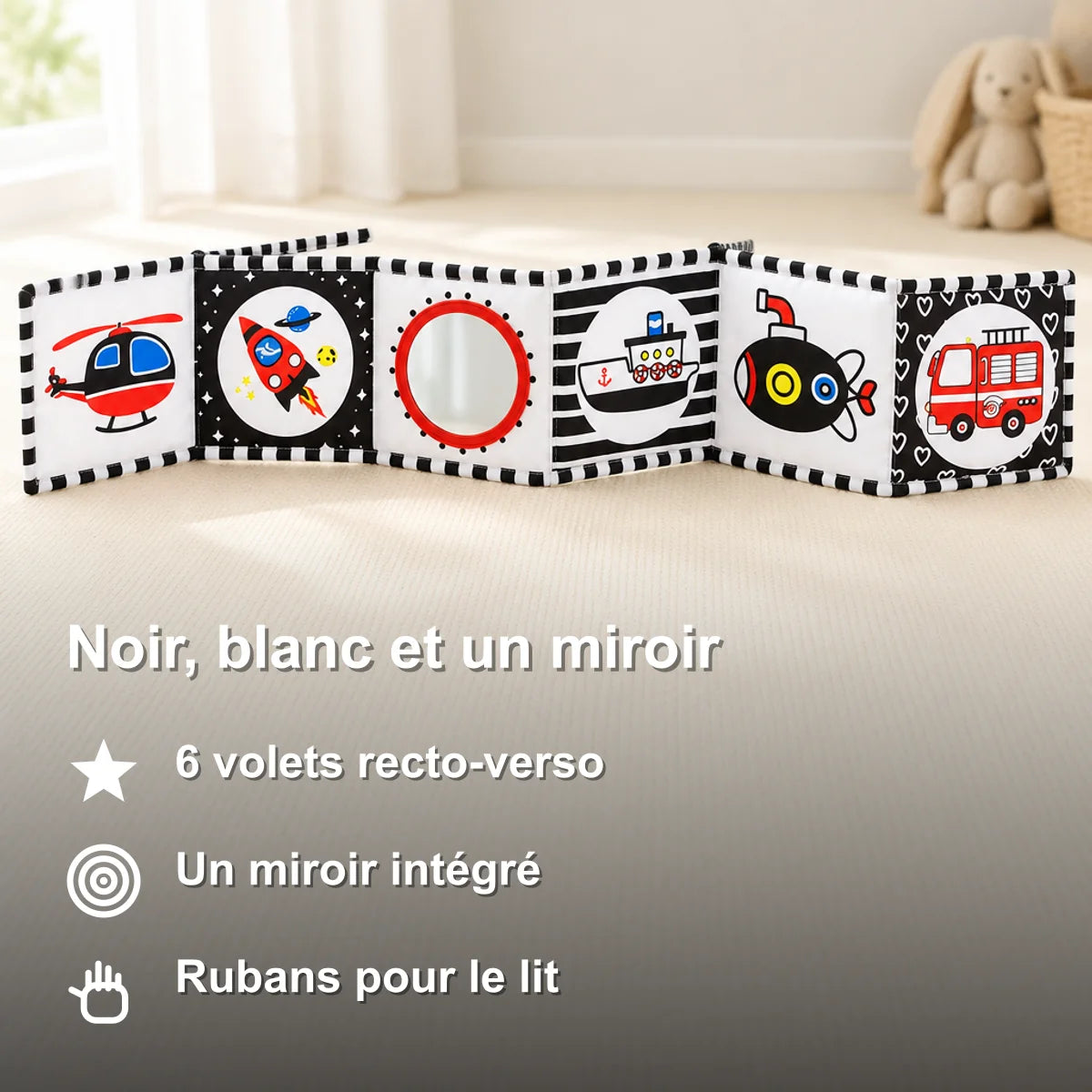 livre-tissu-contraste-bebe-noir-et-blanc-05 Livre en Tissu Contrasté Bébé, Noir et Blanc avec Miroir