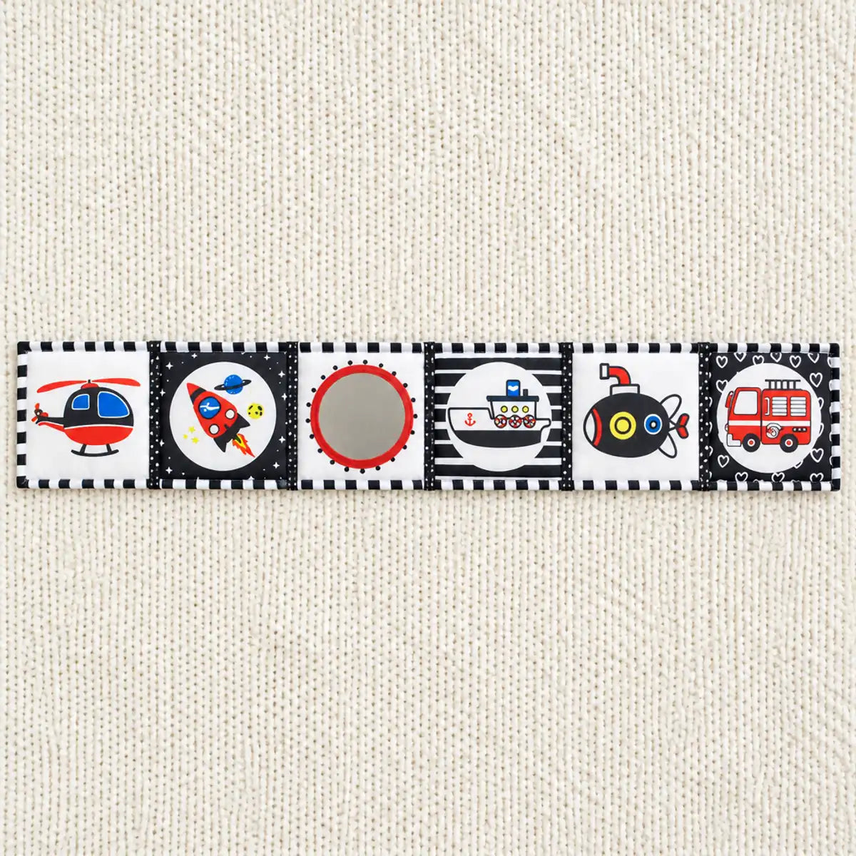 livre-tissu-contraste-bebe-vehicules-07 Livre en Tissu Contrasté Bébé, Noir et Blanc avec Miroir