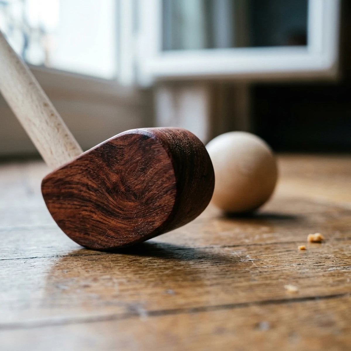 Tête de club en bois foncé et balle en bois clair