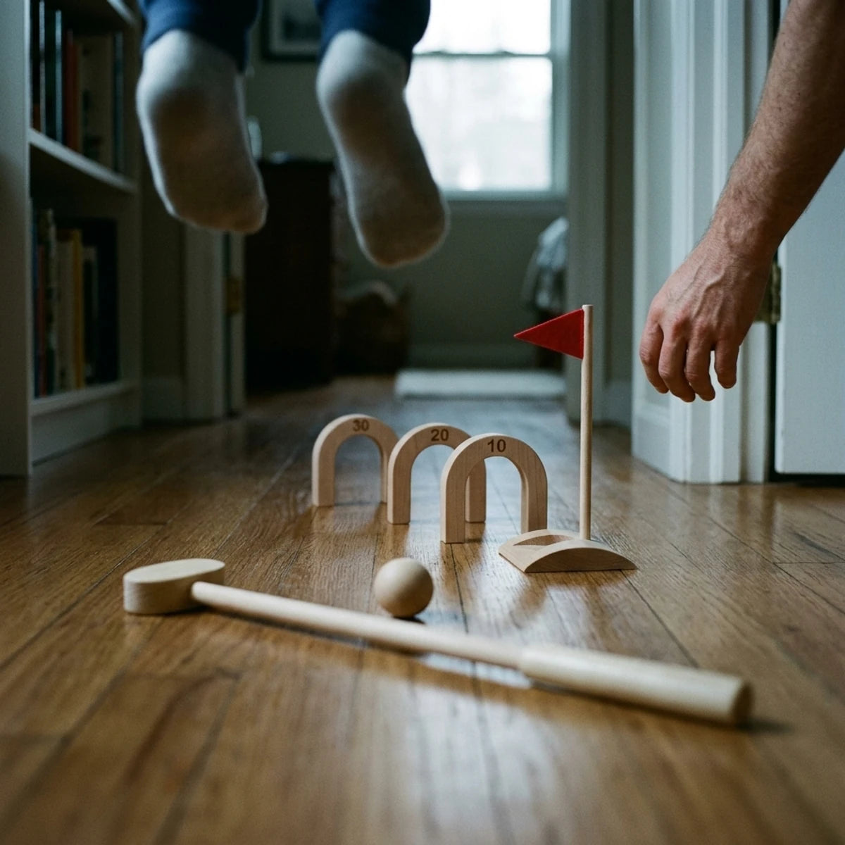 Parcours de mini golf installé dans un couloir un jour de pluie