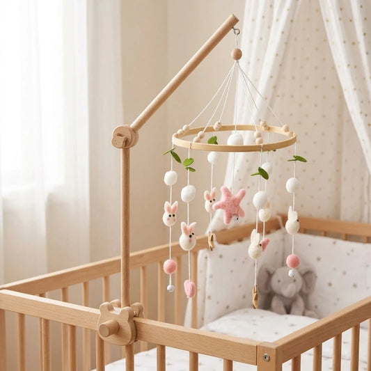 mobile-bebe-lapin-hibou-lapins-boules-laine-principale-01 Mobile de lit bébé en bois, thème Forêt