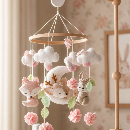 Mobile Musical Bébé avec Support en Bois - Thème Forêt et Animaux en Feutrine