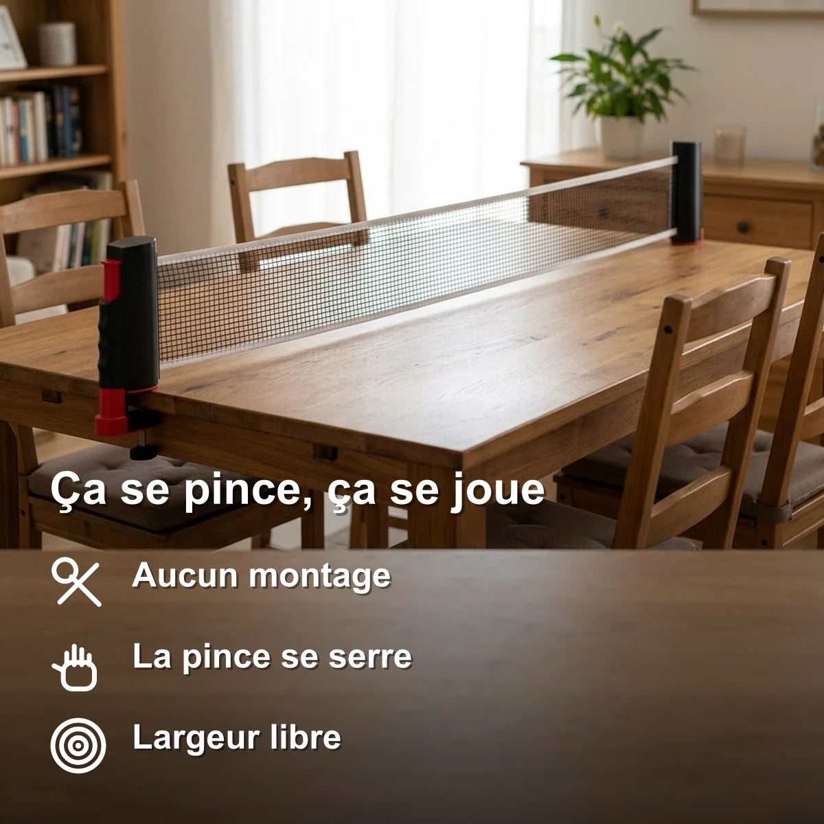 Filet rétractable installé en travers d'une table à manger