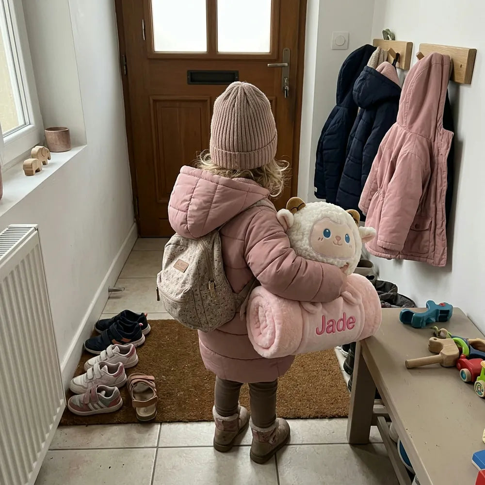 Enfant qui part à la crèche avec son plaid doudou agneau rose Jade