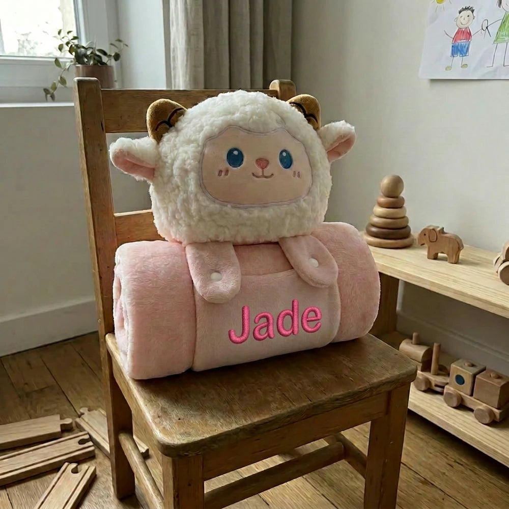 Plaid doudou agneau rose brodé Jade sur une chaise en bois