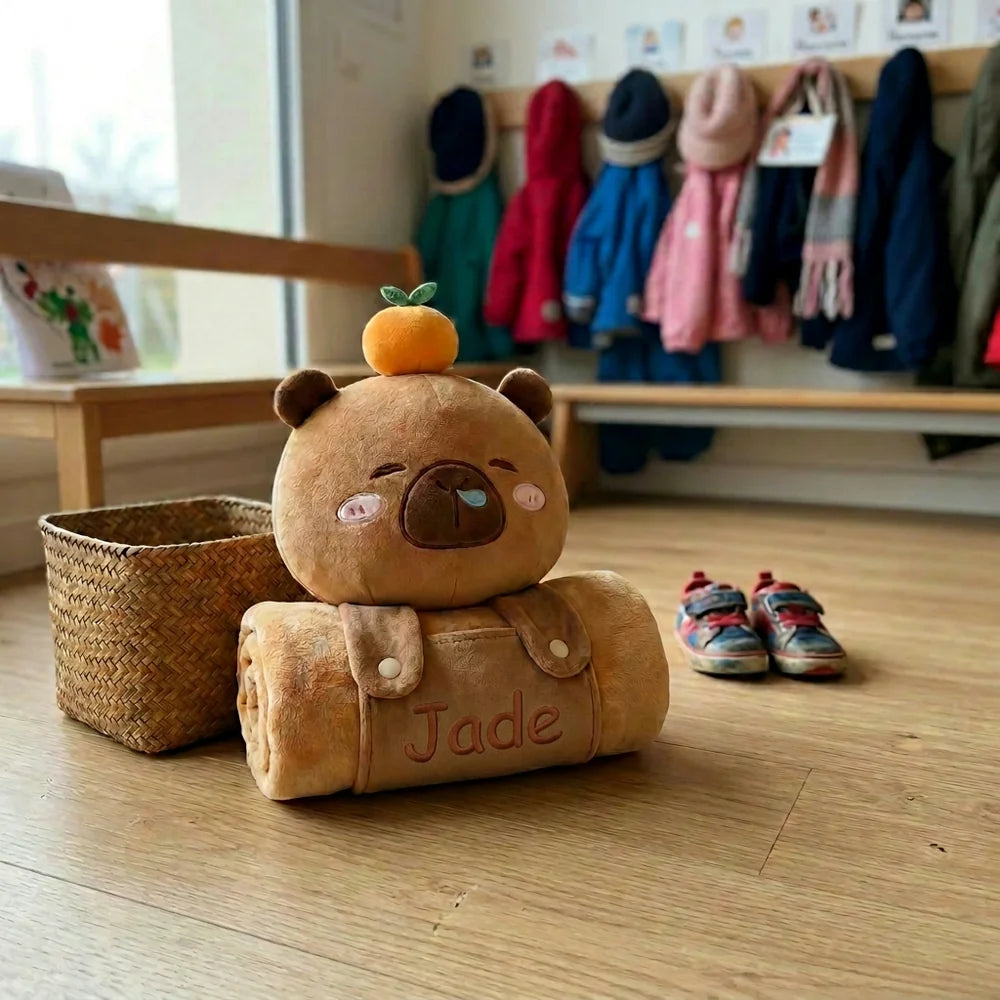 Plaid doudou capybara brodé Jade à l'entrée de la crèche