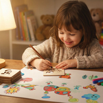Enfant utilisant un pochoir en bois Montessori pour dessiner, activité créative et éducative.