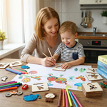 Mère et enfant partageant un moment créatif avec les pochoirs en bois Montessori.