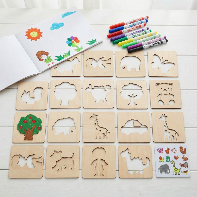 Set complet de 20 pochoirs en bois Montessori pour enfants, avec feutres et carnet de dessin.