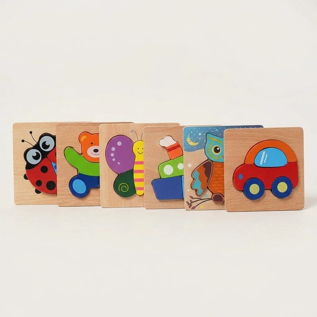 Six puzzles en bois à encastrer, animaux et véhicules