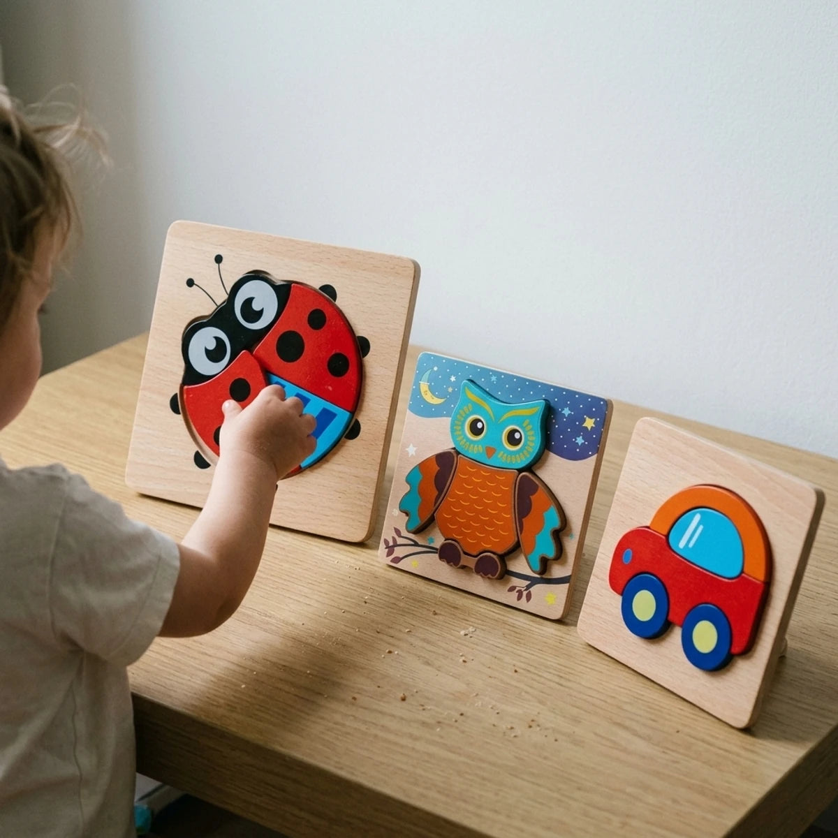 Puzzles en bois à encastrer sur une table basse d'enfant