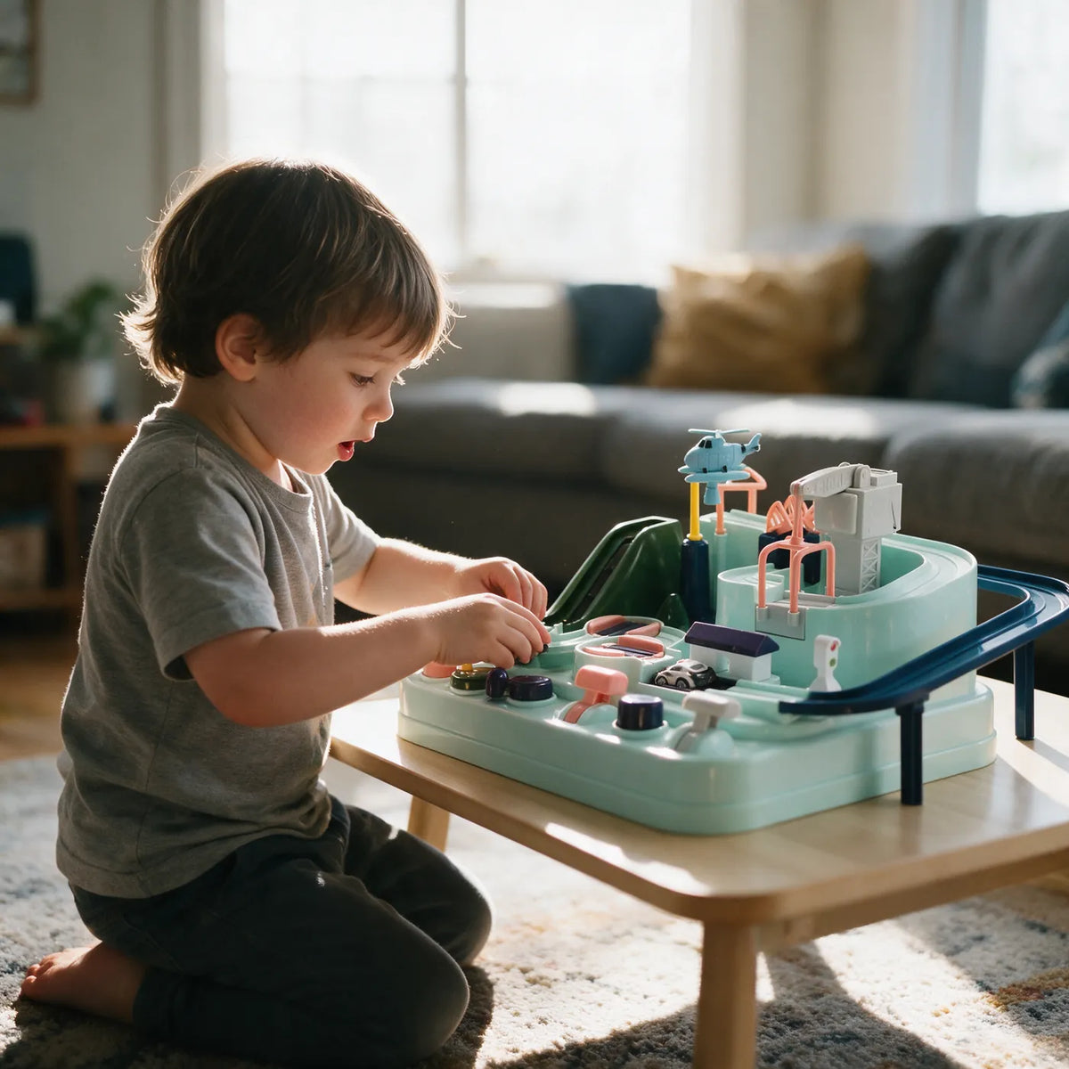 Enfant qui joue avec des jouets Montessori en bois