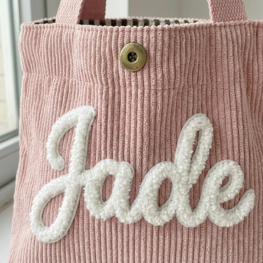 Gros plan de la broderie en laine bouclée blanche du prénom Jade et du bouton pression