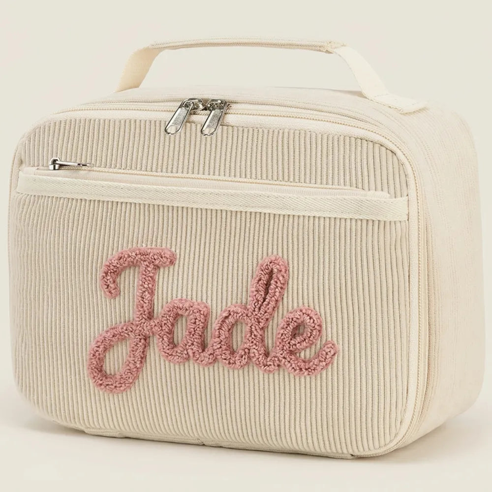 Sac à goûter personnalisé beige en velours côtelé, prénom Jade brodé en laine rose