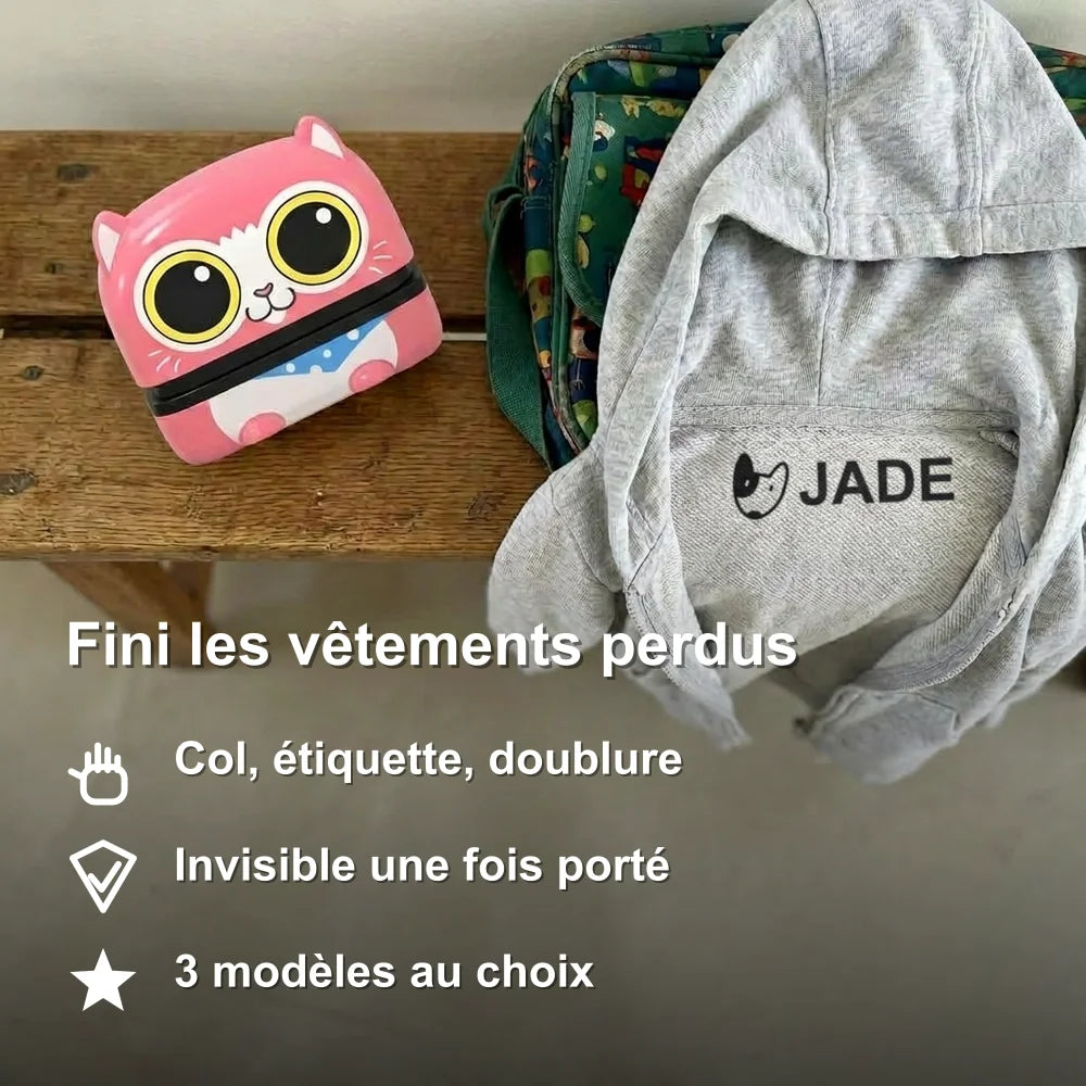 Tampon prénom chat rose et sweat à capuche enfant marqué Jade à l'intérieur