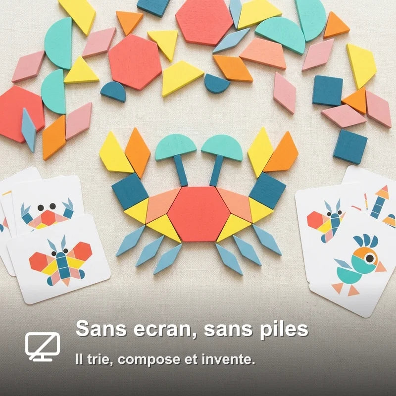 tangram-montessori-bois-benefice-11 Tangram Montessori en Bois 180 Pièces avec 24 Cartes Modèles