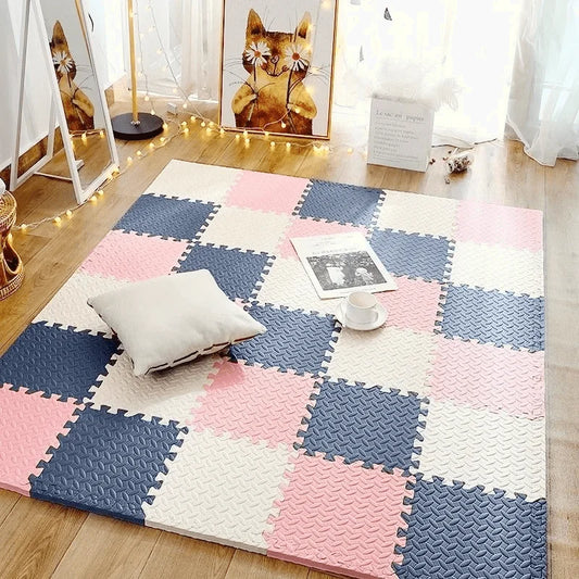 Tapis d'Éveil en Mousse Montessori pour Bébé - 12 pièces Rose Blanc Bleu
