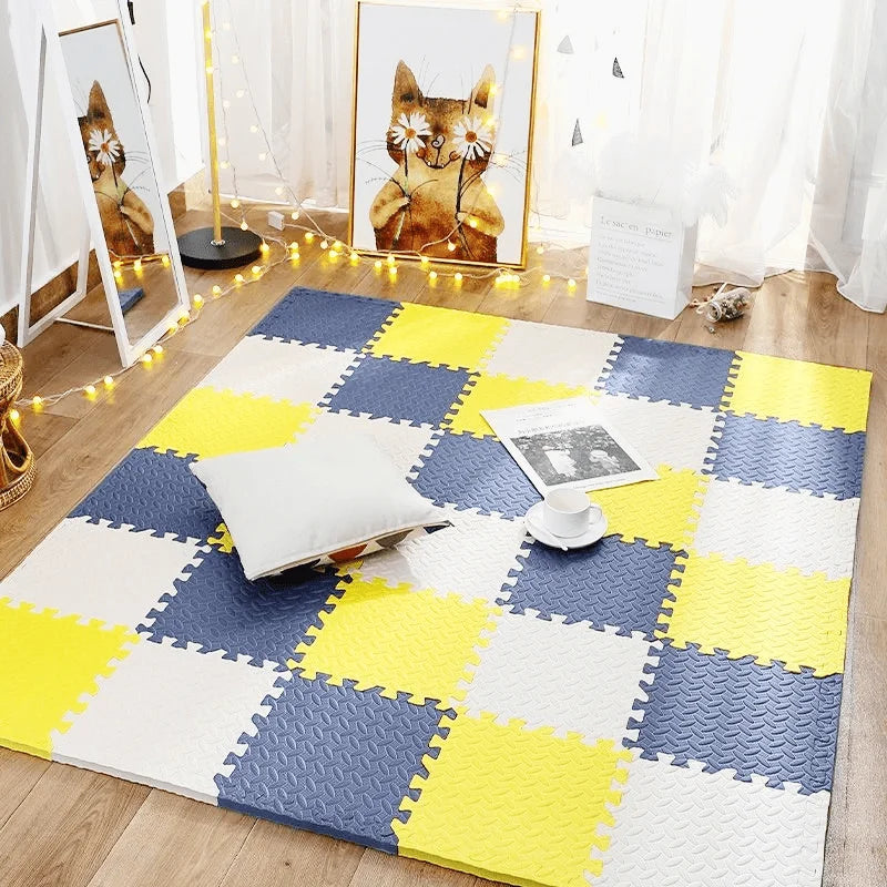 Tapis d'Éveil en Mousse Montessori pour Bébé - 12 pièces Bleu Blanc Jaune