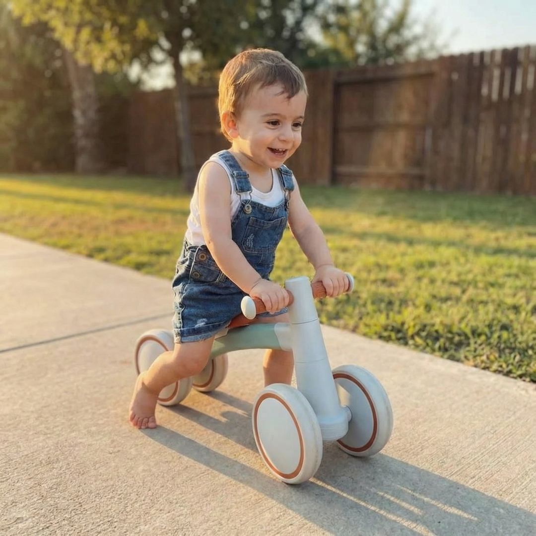 Enfant s'amusant sur sa draisienne Montessori à l'extérieur