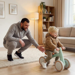 Parent accompagnant son enfant sur son premier vélo Montessori