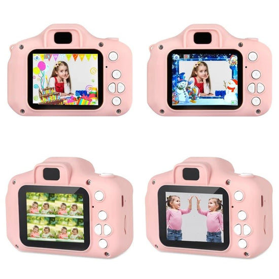 Un appareil photo pour enfant rose avec différentes photos d'enfants : Royaume Montessori.